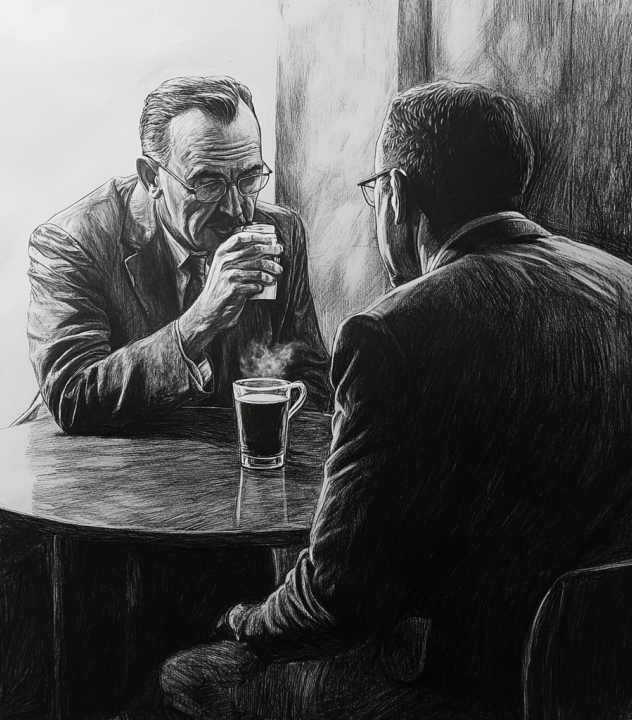 people drinking espresso in french cafe talking about steel manufacturing industry