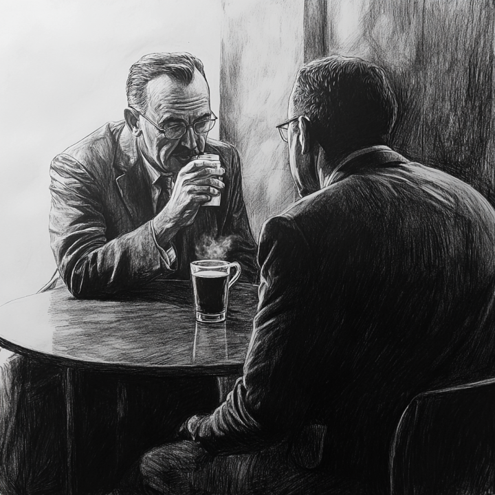 people drinking espresso in french cafe talking about steel manufacturing industry