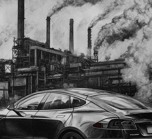 testa in front of a steel manufacturing industry with clouds and fumes coming out of chimneys