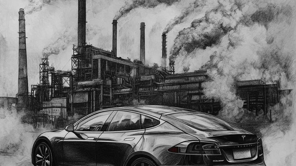 testa in front of a steel manufacturing industry with clouds and fumes coming out of chimneys
