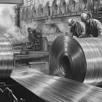 operators working on a machine to produce steel in a steel manufacturing industry