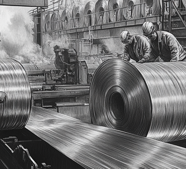 operators working on a machine to produce steel in a steel manufacturing industry