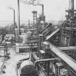 steel manufacturing facility drawing sketch in black and white