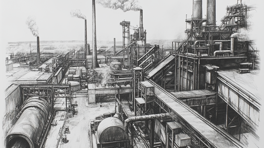 steel manufacturing facility drawing sketch in black and white