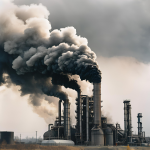Blast Oxygen Furnace (BOF) emitting large plumes of thick black and gray smoke into a cloudy sky