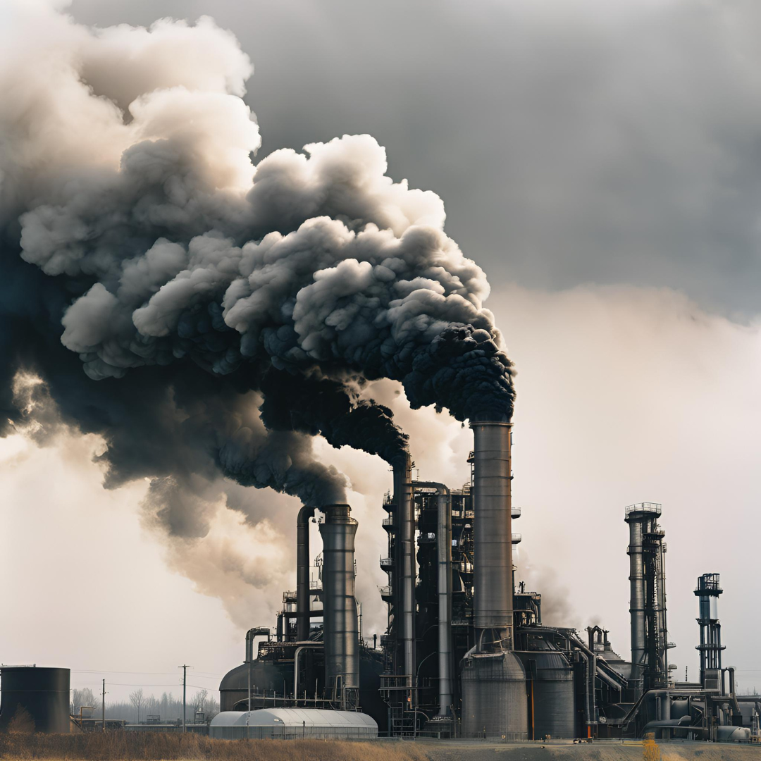 Blast Oxygen Furnace (BOF) emitting large plumes of thick black and gray smoke into a cloudy sky